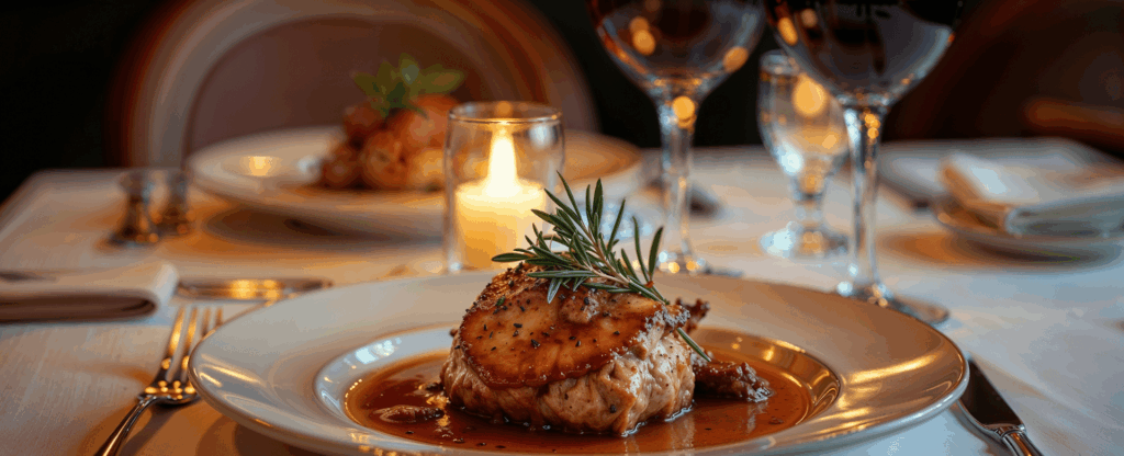 foie gras poêlé servis avec des verres de vin