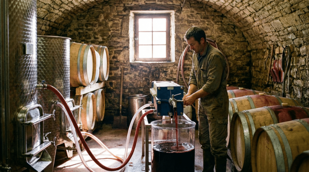 viticulteur filtrant du vin rouge