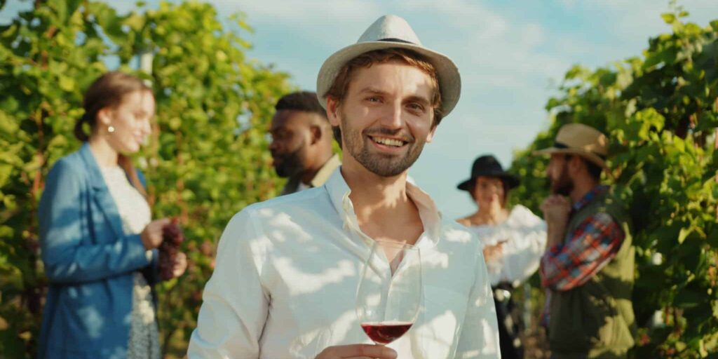 Photo d'un touriste en visite dans un vignoble