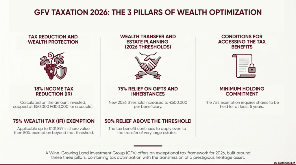 Infographic titled “GFV Taxation 2026: The 3 Pillars of Wealth Optimization,” highlighting three key benefits: an 18% income tax reduction and partial wealth tax exemption, inheritance and gift tax relief of up to 75%, and a minimum 5-year holding requirement to qualify for these tax advantages.