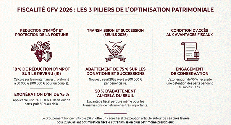 Infographie des 3 piliers fiscaux du GFV en 2026 : 18 % de réduction d'IR, 75 % d'IFI et 75 % sur la transmission.