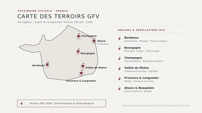 Carte de France des terroirs du groupement foncier viticole (GFV) situant six régions viticoles et leurs appellations clés en 2026.