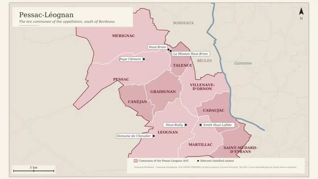 Map of the Pessac-Léognan appellation and its ten communes