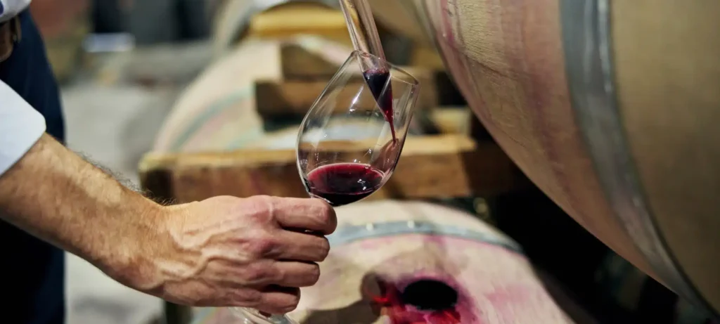 Rows of 225-litre oak barriques ageing wine in a Bordeaux barrel cellar